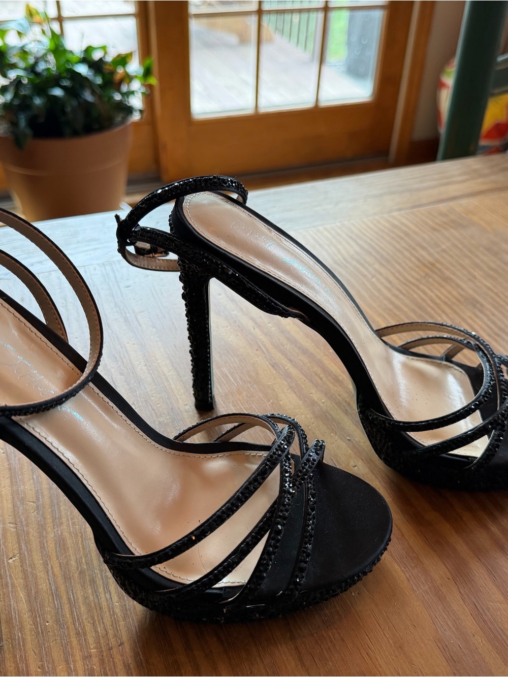 Betsey Johnson Black Strappy Crystal-Embellished Stiletto Sandals